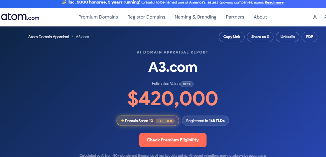 Atom.com AI Domain Appraisal Report for A3.com